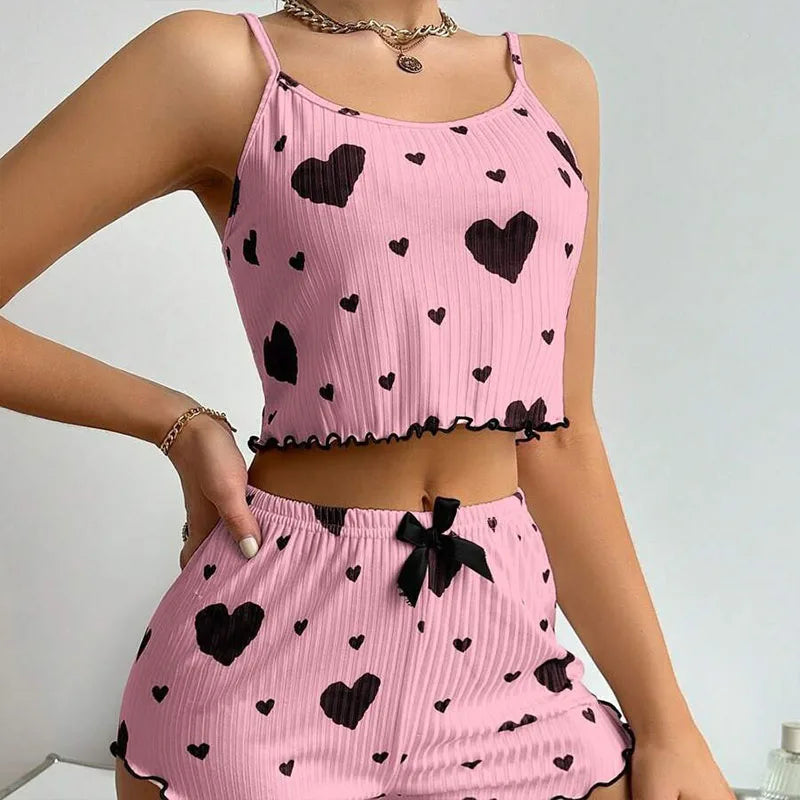 Women's Pajamas Set Sleepwear 2 PCS Short Tank Tops And Shorts S M L White Ventilate Soft Casual Love Printing Good Vibrations