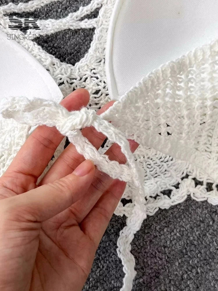 SINGREINY Knit Two Piece Sets Women Summer Vacation Backless Camisole Elastic Waist Shorts Hollow Out Y2K Beach Style Suits Good Vibrations