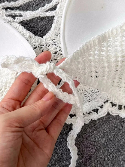 SINGREINY Knit Two Piece Sets Women Summer Vacation Backless Camisole Elastic Waist Shorts Hollow Out Y2K Beach Style Suits Good Vibrations