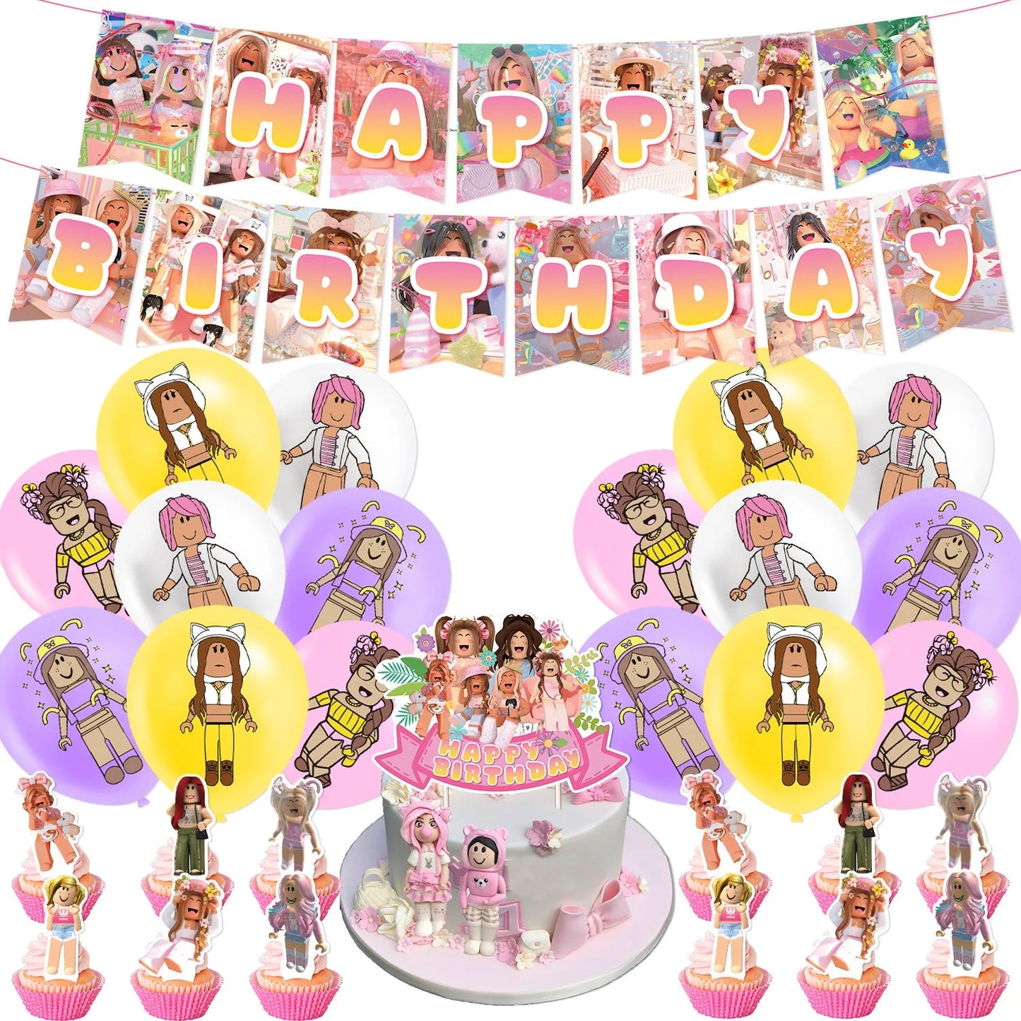 4Pcs Game Roblox Birthday Party Decorations Flag Banners Cake Toppers Balloons Spiral Pendants Invitation Cards Decorative Items Good Vibrations