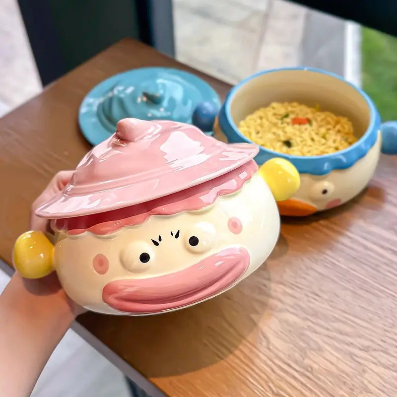 Clown Instant Noodle Bowl Ceramic Dormitory Student with Lid with Handle Convenient Soup Bowl Good Vibrations