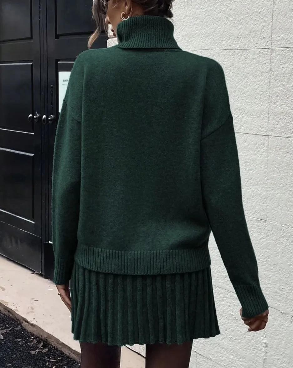 Women's Two-Piece Knit Set: Long-Sleeve Turtleneck Pullover and High-Waisted Pleated Mini Skirt – Elegant Autumn/Winter Outfit Good Vibrations