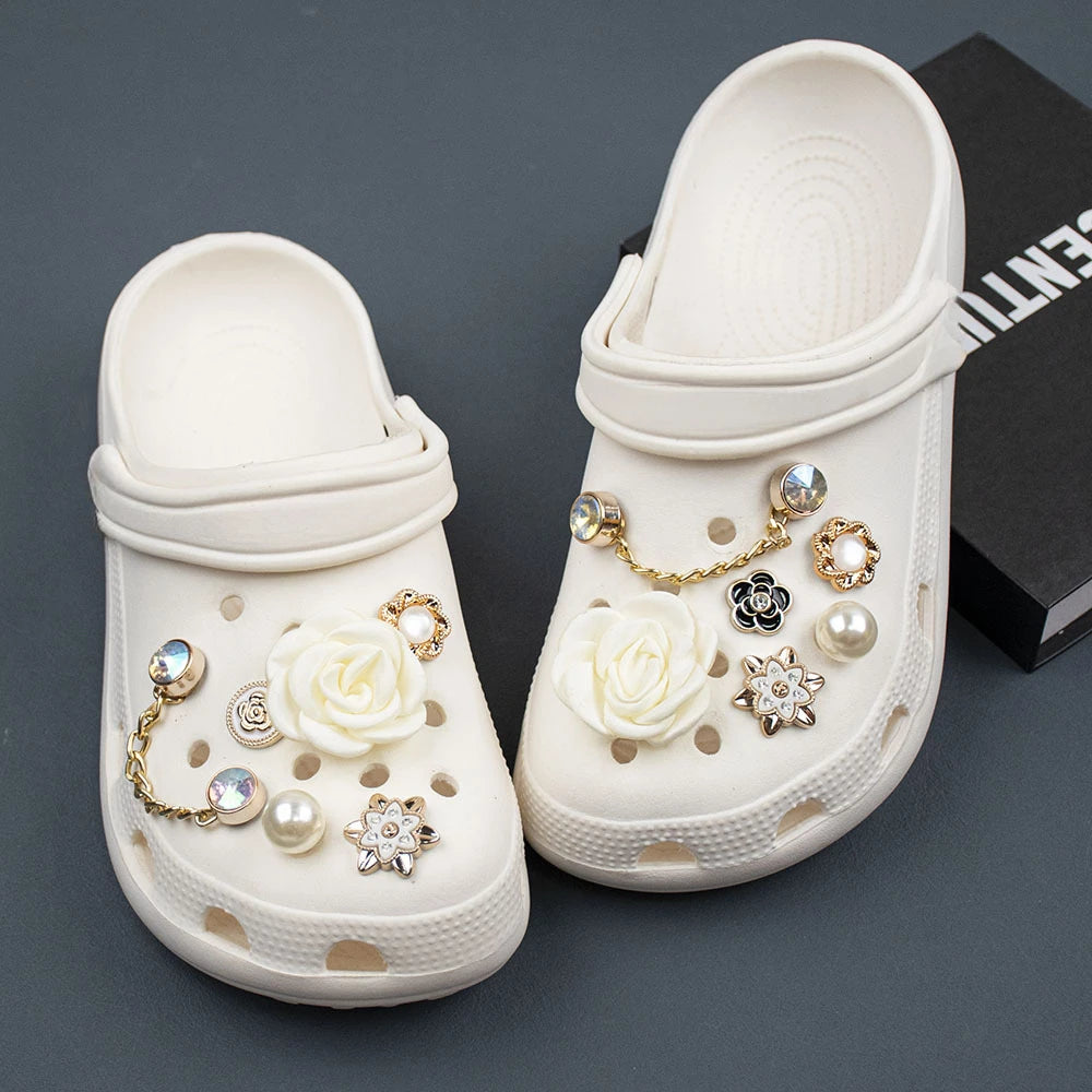 Shoe Charms DIY Fabric Rose Camellia Pearl Chain Decoration Buckle for Hole Shoe Charm Set Accessories Kids Party Girls Gift Good Vibrations