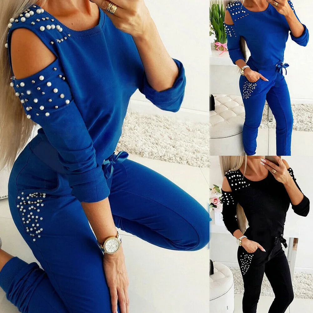 2 Pieces Set Women Europe Fall 2022 Outfit Sexy Nail Bead Pure Color Round Collar Long Suit Sports Set Dropshipping ZXP9596 Good Vibrations
