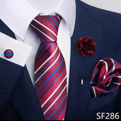 Luxury Mens Ties Floral Black Gold Ties Paisley NeckTie Pocket Square Cufflinks Brooch Set Men's Wedding Party Tie Good Vibrations