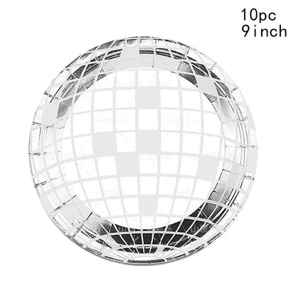 Disco Sliver Disposable Tableware Party Supplies Set Paper Plates Cups Napkins Cake Topper  Kids Baby Birthday Shower  Wedding Good Vibrations