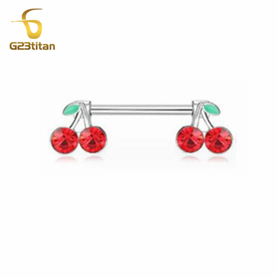 2pcs 14G Titanium Barbell Sweet Cute Cherry Shaped Zircon Breast Ring For Women Body Piercing Sexy Nipple Ring Jewelry Ornament Good Vibrations Adult Super Store
