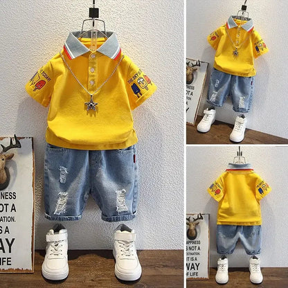 Boys Outfit T-Shirt and Jeans Korean Polo Fashion 2PCS Casual Clothing Korean Reviews  2025 Summer Top Toddler Kids Clothes Sets Good Vibrations