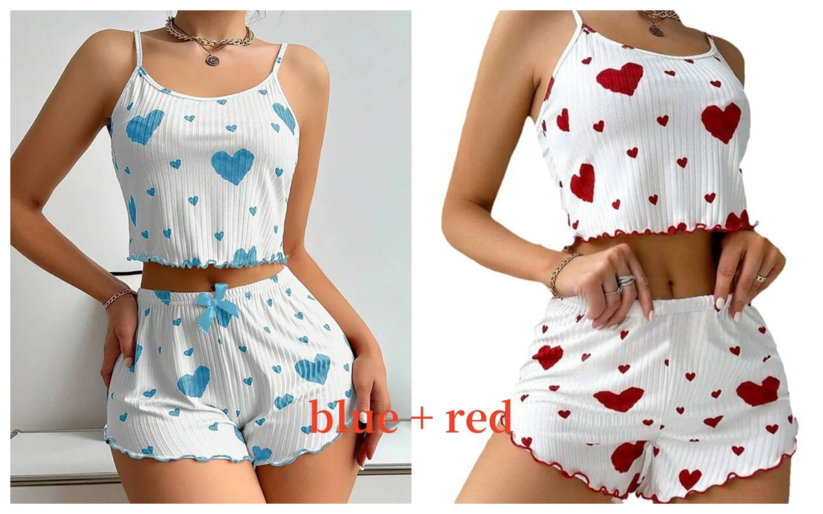 Women's Pajamas Set Sleepwear 2 PCS Short Tank Tops And Shorts S M L White Ventilate Soft Casual Love Printing Good Vibrations