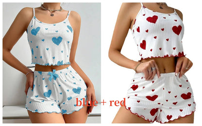 Women's Pajamas Set Sleepwear 2 PCS Short Tank Tops And Shorts S M L White Ventilate Soft Casual Love Printing Good Vibrations