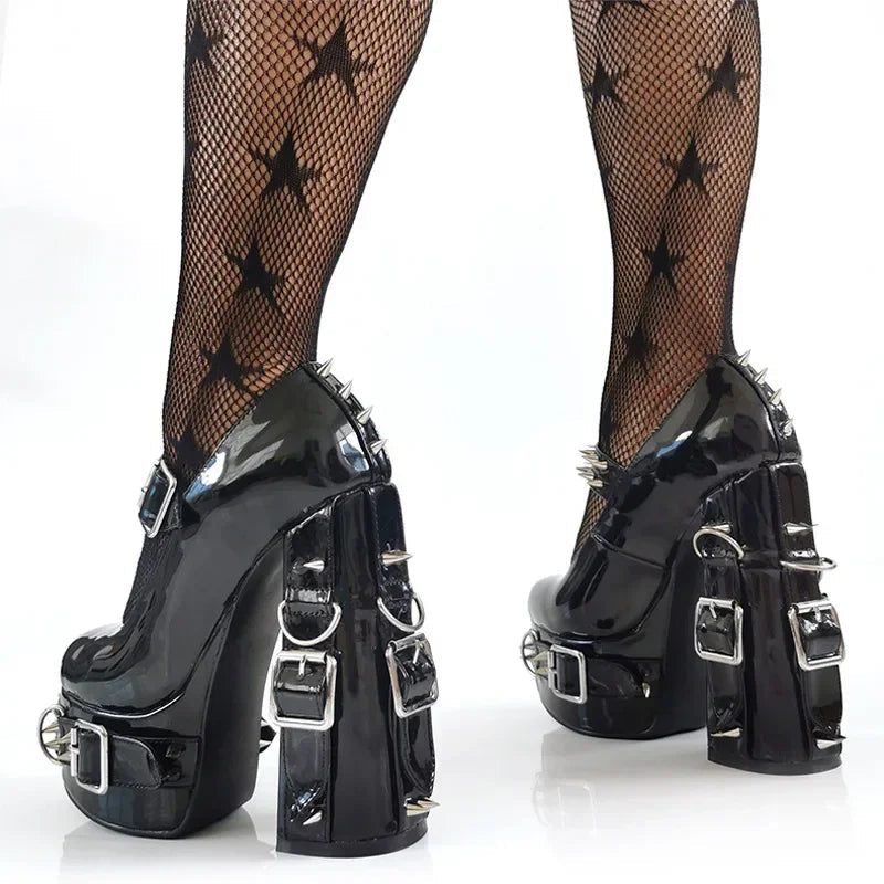 Super High Heels Gothic Pumps Metal Buckle Belt Rings Rivet Sexy Platform Cosplay Chunky High Heels Ankle Strap High Heel Shoes Good Vibrations