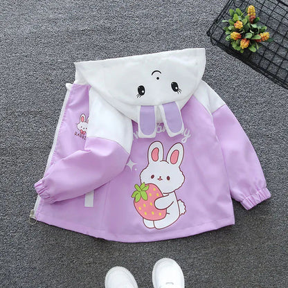 Strawberry Rabbit Baby Girls Jacket Cute Cartoon Windproof Outerwear Hooded Zipper Girls Coat 1 2 3 4 5 6 Years New Kids Clothes Good Vibrations
