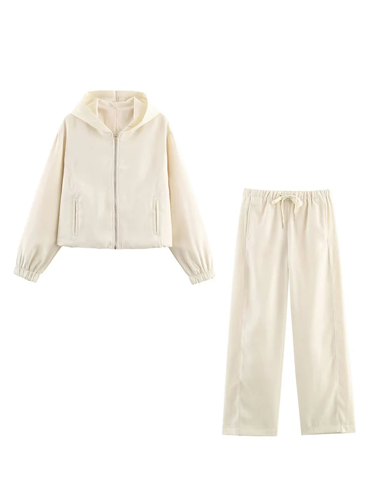 Women Casual Sweatshirt Pant Suit Long Sleeve Hooded Zipper Coats With Pocket Loose Straight Trousers Ladies Solid Sets Good Vibrations