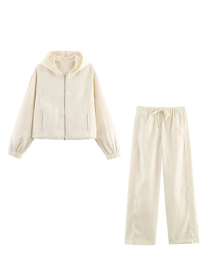 Women Casual Sweatshirt Pant Suit Long Sleeve Hooded Zipper Coats With Pocket Loose Straight Trousers Ladies Solid Sets Good Vibrations