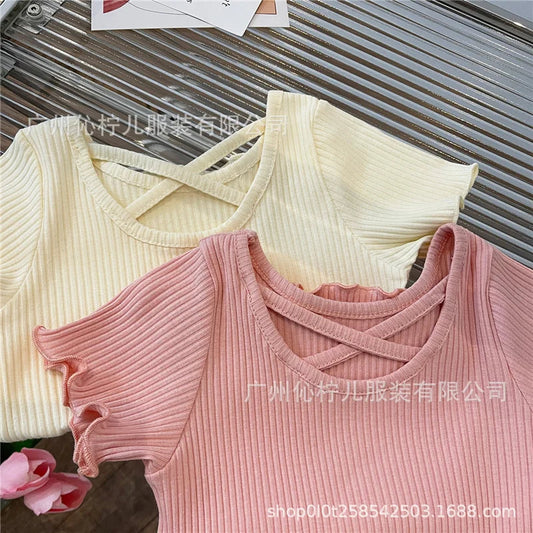 Girls T-Shirt Summer Children Short Sleeved Thin Soft Tops Simple Solid Color Casual Kids Clothing 2-6 Years Sweet Shirtthing Good Vibrations