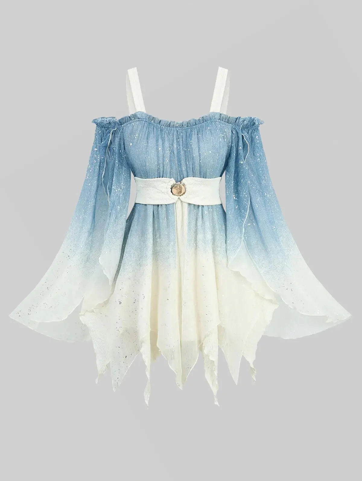 ROSEGAL Plus Size ombre print cold shoulder blouse with flare sleeves and asymmetrical hem in blue and white