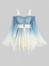 ROSEGAL Plus Size Ombre Print Cold Shoulder Blouse Flare Sleeves Asymmetrical Top For Women 2025 Autumn New Hot Stamping Detail Good Vibrations