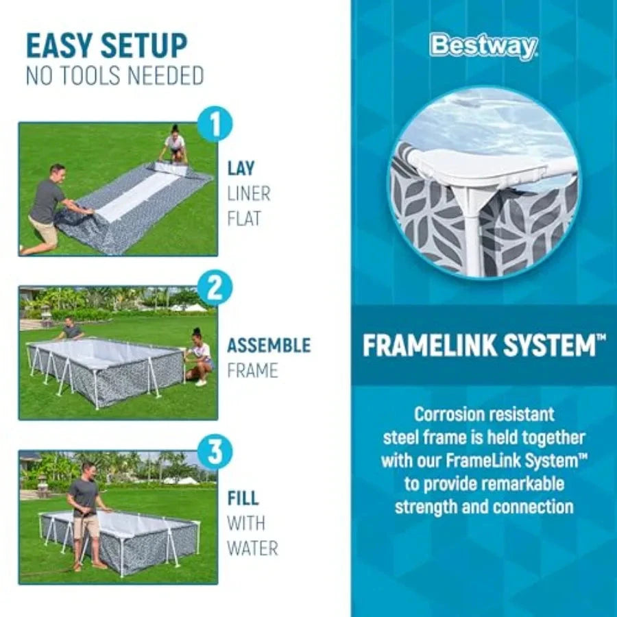 Steel Pro 12' x 6' 7 x 26 Rectangle Above Ground Outdoor Swimming Pool Set with DuraPlus Liner and FrameLink System in Gray for Good Vibrations
