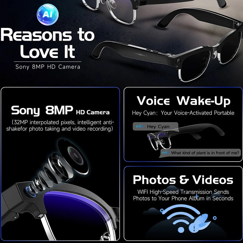 New Al Smart Glasses 8MP HD Camera 4K Video Record Voice Translation Photo Recognition WIFI Transmission BT Call Smart Glasses Good Vibrations