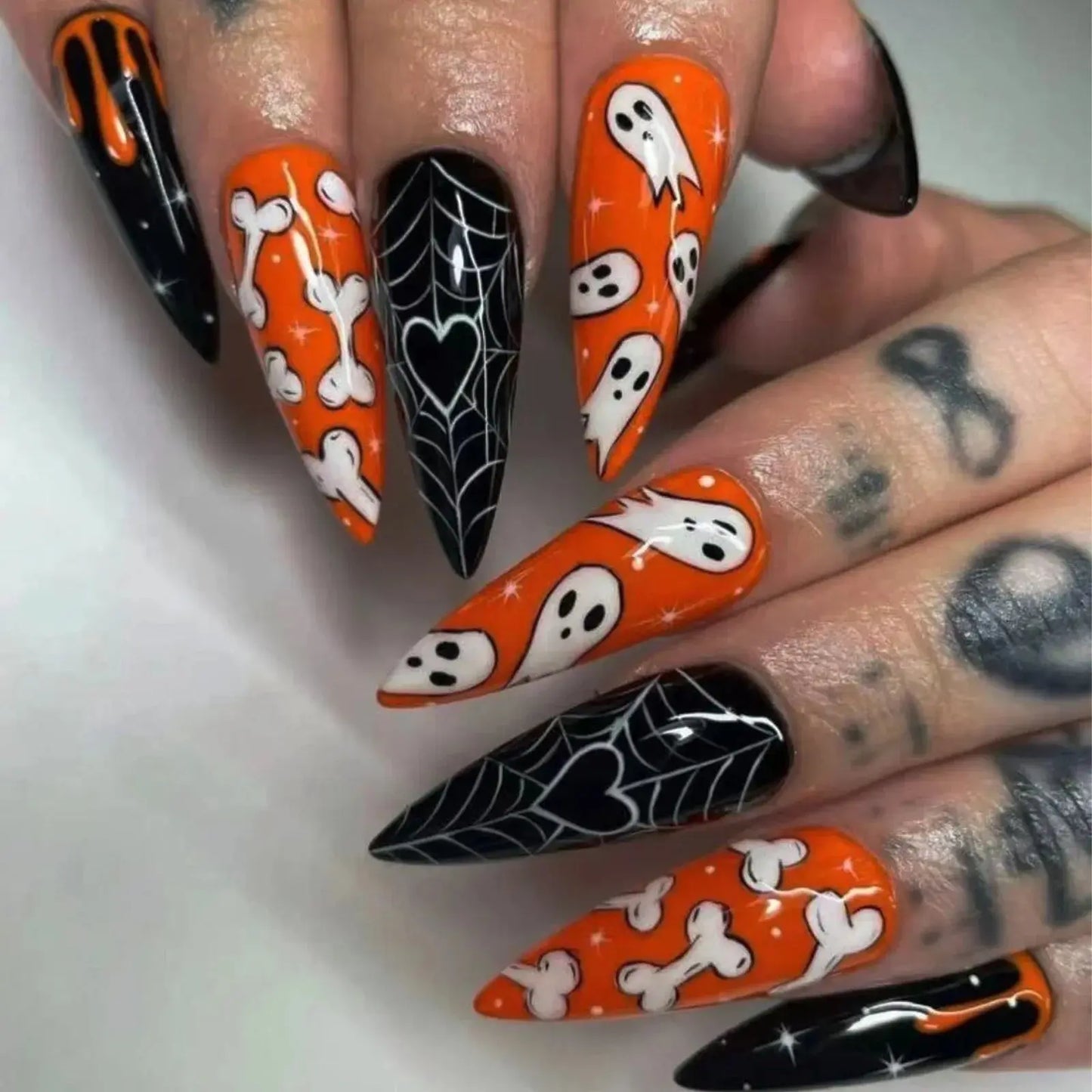 24Pc Halloween False Nails with Almond Head Designs Cute Clown Fake Nails French Full Cover Manicure Press on Nail Tips for Girl Good Vibrations