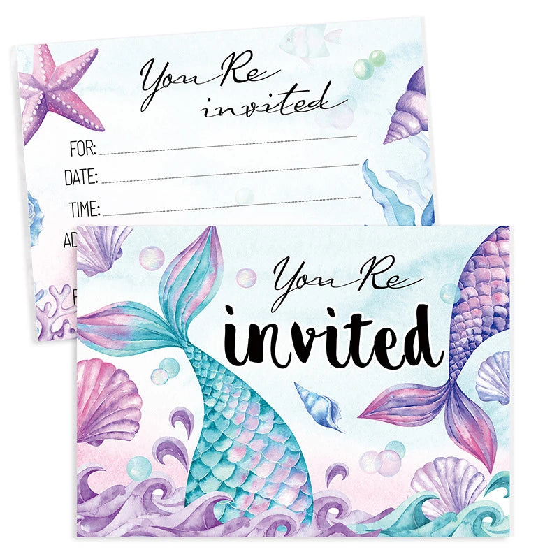12pcs Mermaid Invitation Cards, Double-Sided Birthday Party Invites, Underwater Theme Party Decorations Supplies Good Vibrations