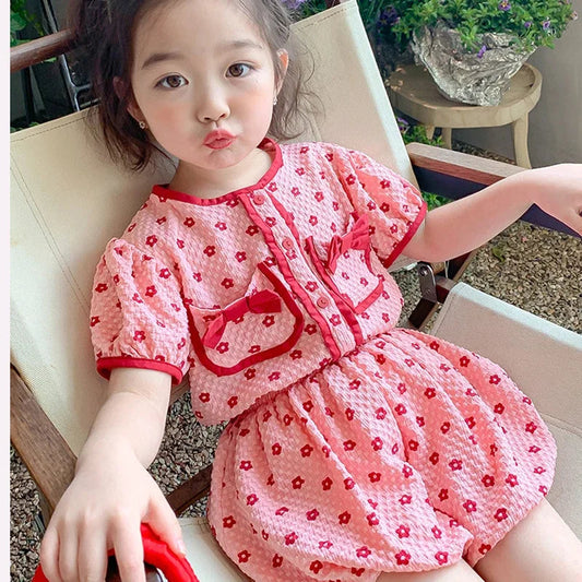 Girls Summer 2025 Children's Clothing Set Pink Cute Clothes Set Bow Blossom Top+ Bud Shorts Two Piece Girls Fashion Kids Outfit Good Vibrations