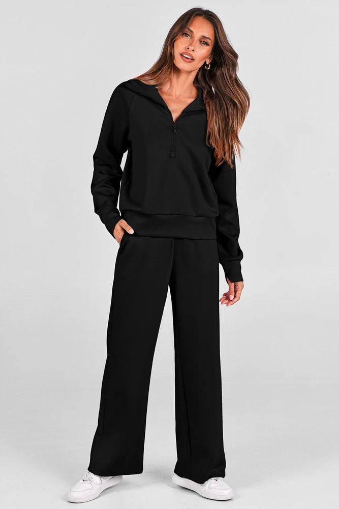 Women's Two-Piece Sports Set Loose-Fit Half-Zip Sweatshirt Wide-Leg Joggers Home & Leisure Set Sportswear Ensemble Good Vibrations