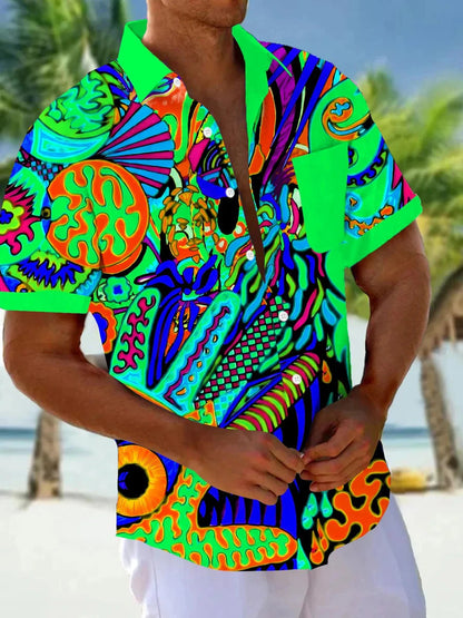 Men's Short Sleeve Shirt Art Painting Abstract Cartoon Print Summer Button Shirt Camping Shirt Short Sleeve Men's Casual Shirt Good Vibrations