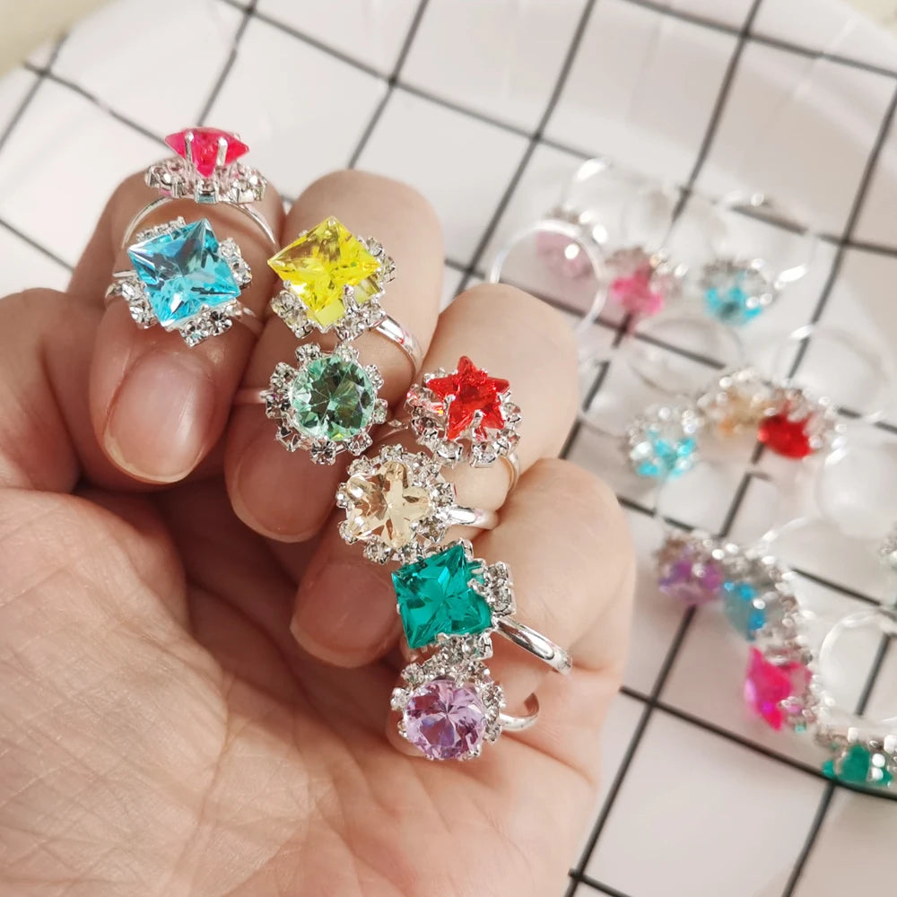 12/36PCS/set Adjustable Kids Crystal Rings Jewelry Heart Star Square Open Finger Ring For Children Girl Party Gift Good Vibrations
