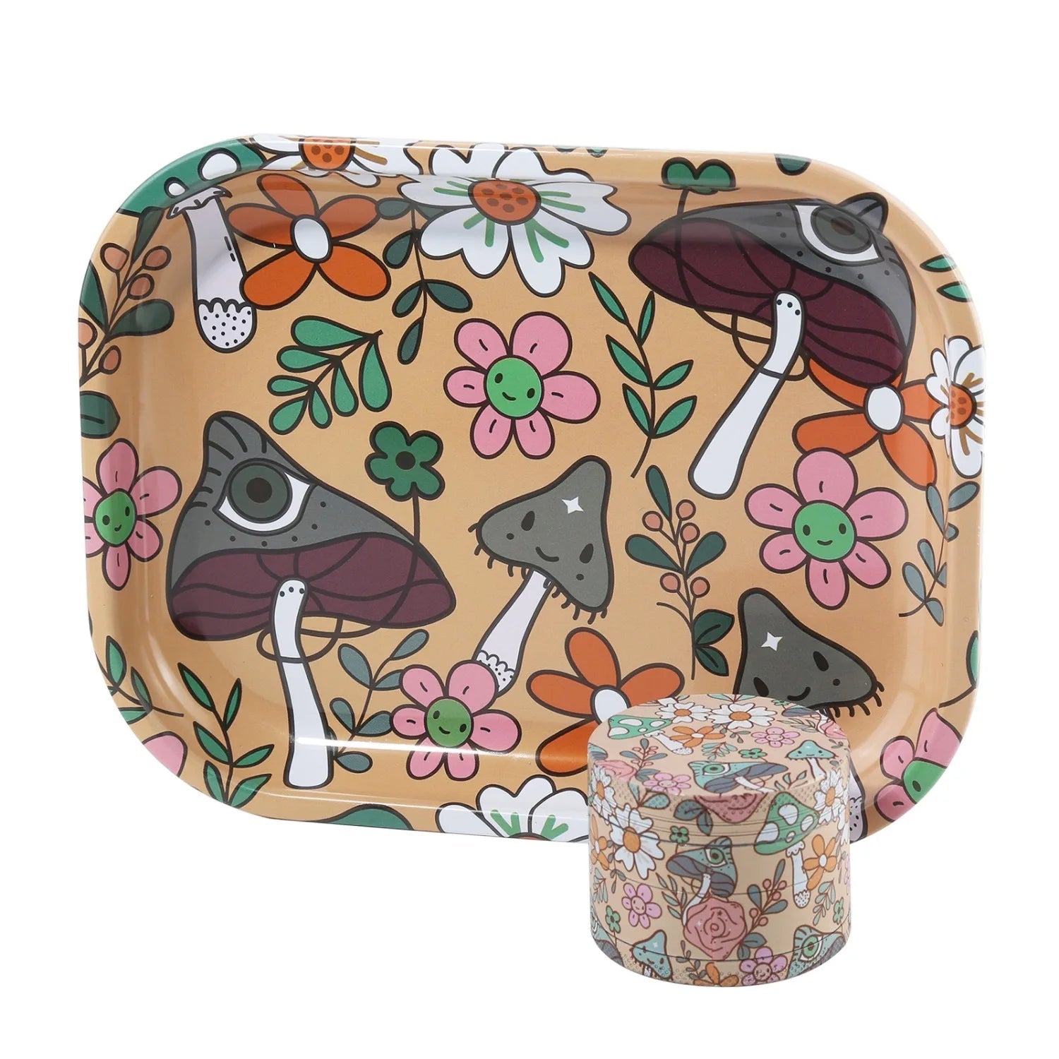 2 Pieces Kitten Bear Floral Mushrooms The Magic World Grinder and Rolling Tray Combo Good Vibrations Adult Super Store