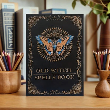 Ancient Magic Book with Intricate Golden Butterfly Cover & Mystical Symbols - Old Witch Spells Book for Wiccan Good Vibrations