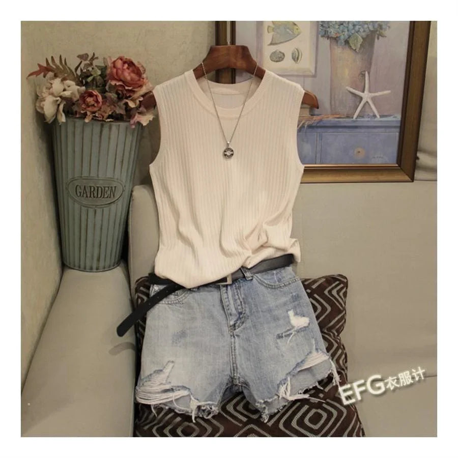 Summer Sleeveless Blouse Women O-neck Knitted Blouse Shirt Women Clothes Women Tops DF4903 Good Vibrations