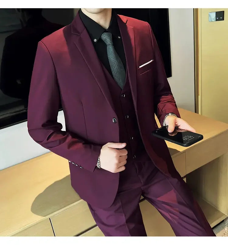 Suit (suit +Vest+Pants) Formal Business Men Four Seasons Professional Fashion Gentleman Solid Color Outdoor British Style Suit