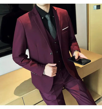 Suit (suit +Vest+Pants) Formal Business Men Four Seasons Professional Fashion Gentleman Solid Color Outdoor British Style Suit