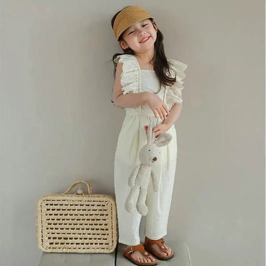Girls' Clothing Set Hollow Lace Flying Sleeves Top+Cropped pants  Summer New Solid Color Minimalist Temperament Children's Set Good Vibrations
