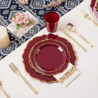 Plates Disposable, 50 Plastic Maroon Plates, Red Plastic Dinnerware Set, 25 10oz Cups, 75 Gold Cutlery, 25 Gold Napkins Good Vibrations