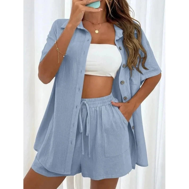 Fashion Black Short Sleeve Shirt And Shorts Two Piece Sets Women 2025 Summer Cotton Linen Casual Home 2 Piece Sets Women Outfit Good Vibrations