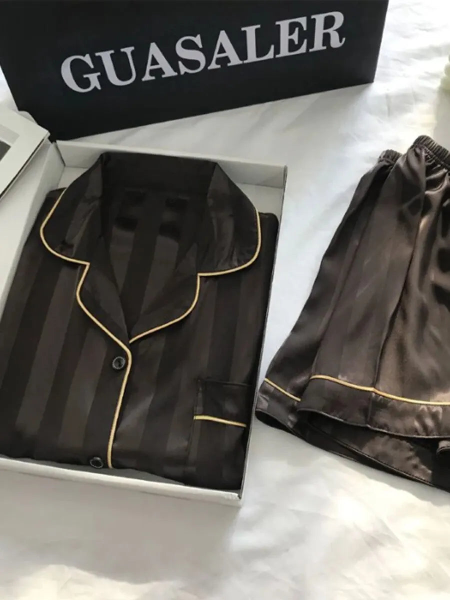 1 Set Women's Elegant Lounge Set, Plus Size Satin Striped Button Up Long Sleeve Shirt & Pants Pajamas Good Vibrations