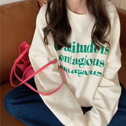 Women/Ladies/Girls Autumn Plus Velvet Letter Print Loose Long Sleeve Sweatshirt Fashion Pullover Casual Good Vibrations
