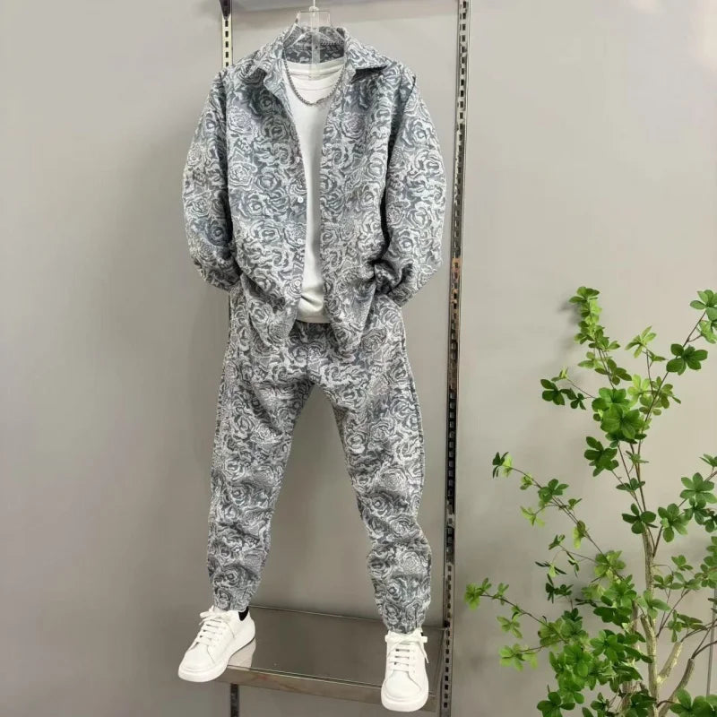2025 New Men's casual fashion two-piece pants set, sporty lapel jacquard shirt, long-sleeved spring and autumn set Good Vibrations