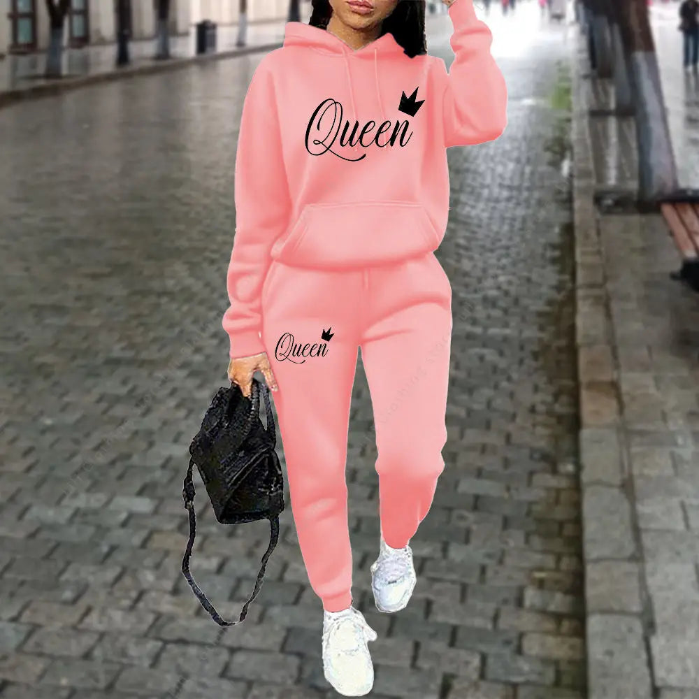 Queen Letter Graphic Print Women's Sets Hoodies Pants 2pcs Suit Autumn Winter Sports Jogging High quality Aesthetic Tracksuit Good Vibrations