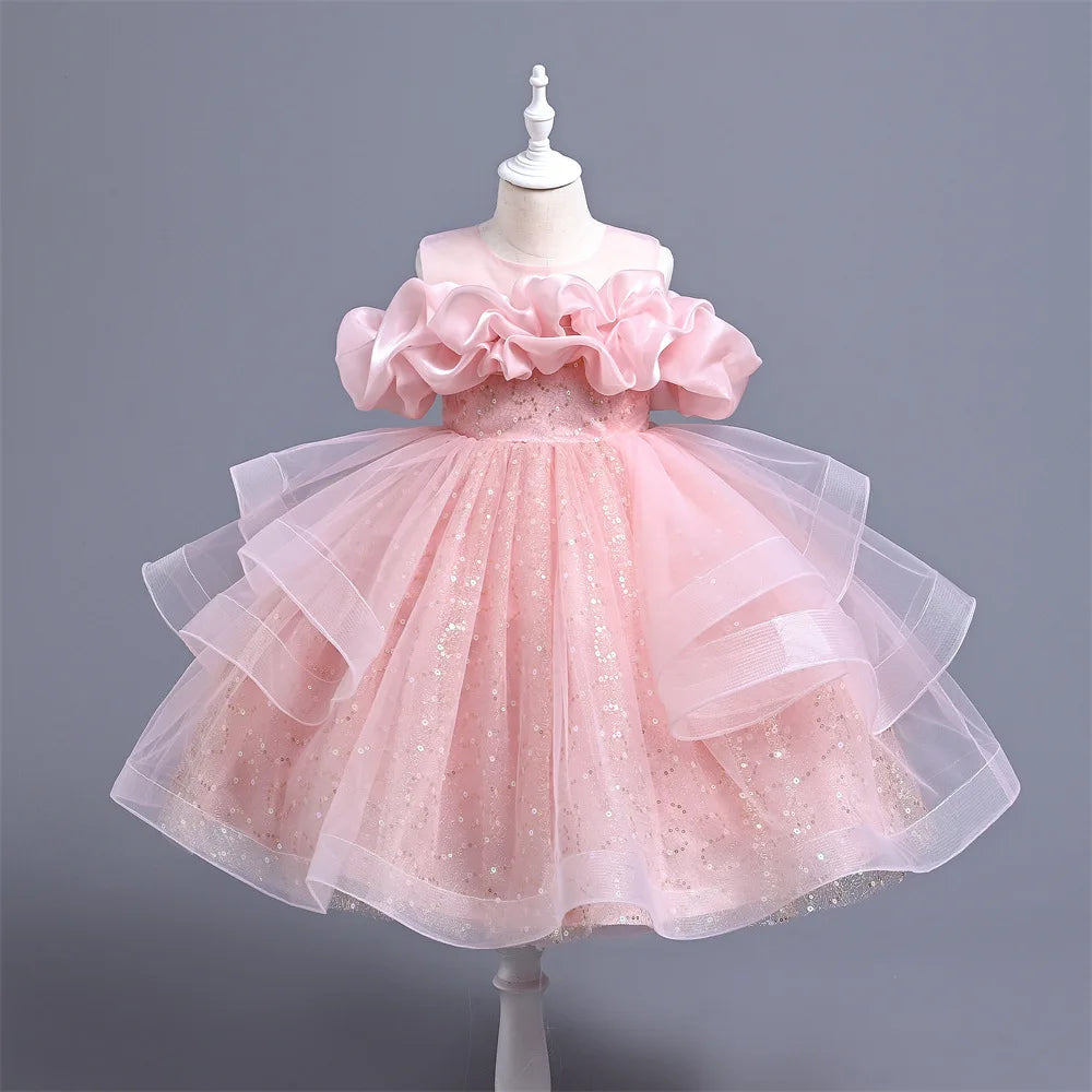New Girl's Wedding Evening Dress Petal Sequin Mesh Sleeveless Dress Birthday Party School Graduation Party Dress Good Vibrations