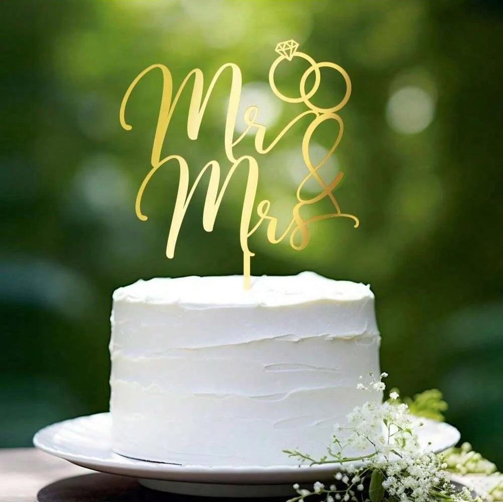 5pcs/1pc Ins Gold Black Mr&Mrs Wedding Cake Toppers for Valentine's Day Cake Toppers Wedding Party Cake Decoration supplies Good Vibrations