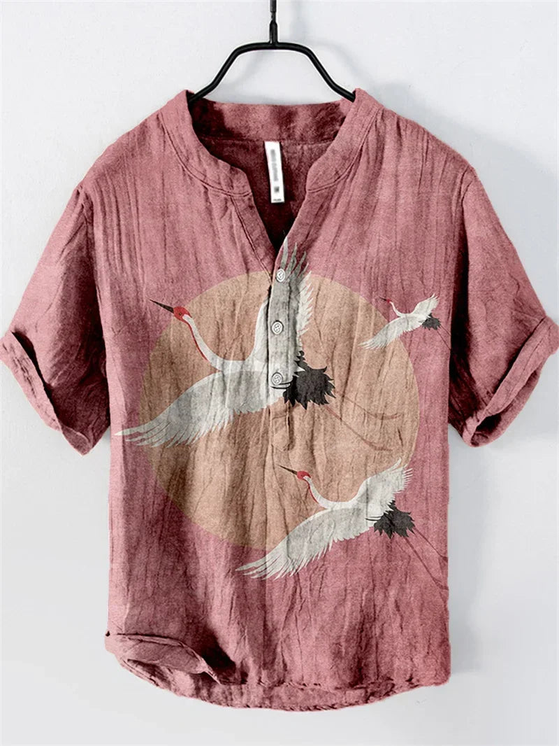 Henry Men's Casual Fashion Outdoor Seaside Men's Tops Shirt V-Neck Linen Shirt 2024 New Plus Size Good Vibrations