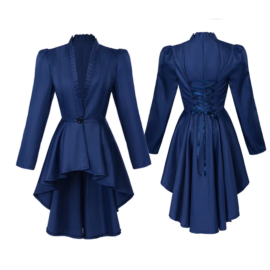 Women Medieval Victorian Costume Tuxedo Tailcoat Gothic Steampunk Trench Irregular Hem Vintage Frock Outfit Coat Party Dress Good Vibrations