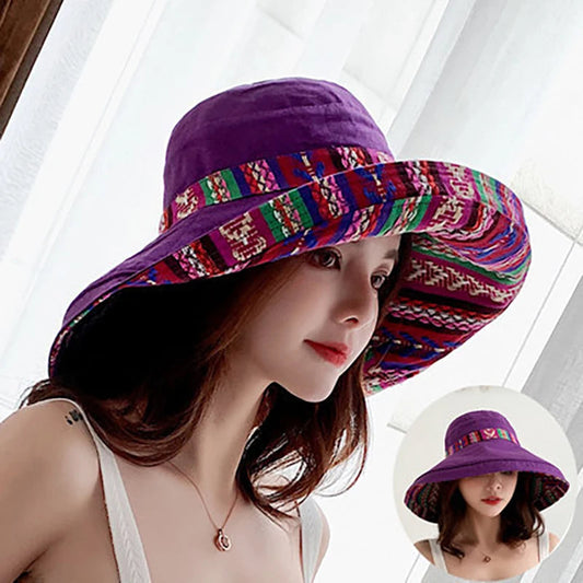 Retro Beach Hat For Women, Summer Sun Protection, Ethnic Style, Big Brim Hat For Outings, Sun Protection, Seaside Cool Hat Good Vibrations