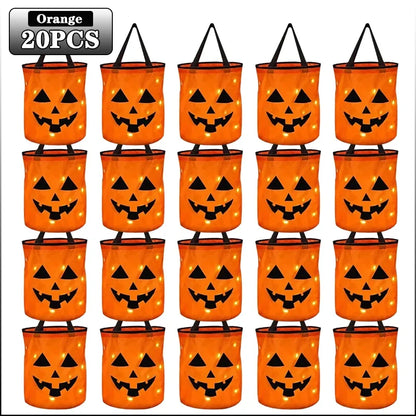 1-20PC LEDLight Up Halloween Pumpkin Candy Tote Bag Basket for Kids Trick or Treat Party Bucket for Holiday Event Decoration Use Good Vibrations