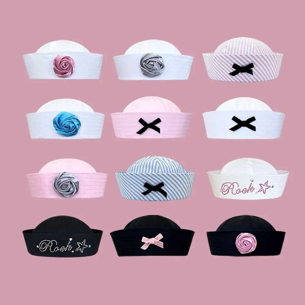 Y2K Striped Bow Flower Rhinestone Sailor JK Beret Navy Hats for Women Summer Niche Flipped Nurse Cosplay Beret Cap Sombreros Good Vibrations