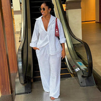 Solid Women Pant Sets Two Pieces Matching Set Elastic Waist Wide Leg Pants Long Sleeves Shirt Loose Elegant Casual 2025 Spring Good Vibrations