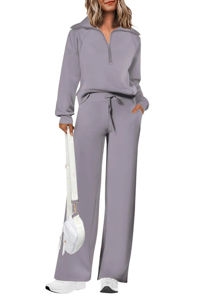 Women's Two-Piece Sports Set Loose-Fit Half-Zip Sweatshirt Wide-Leg Joggers Home & Leisure Set Sportswear Ensemble Good Vibrations